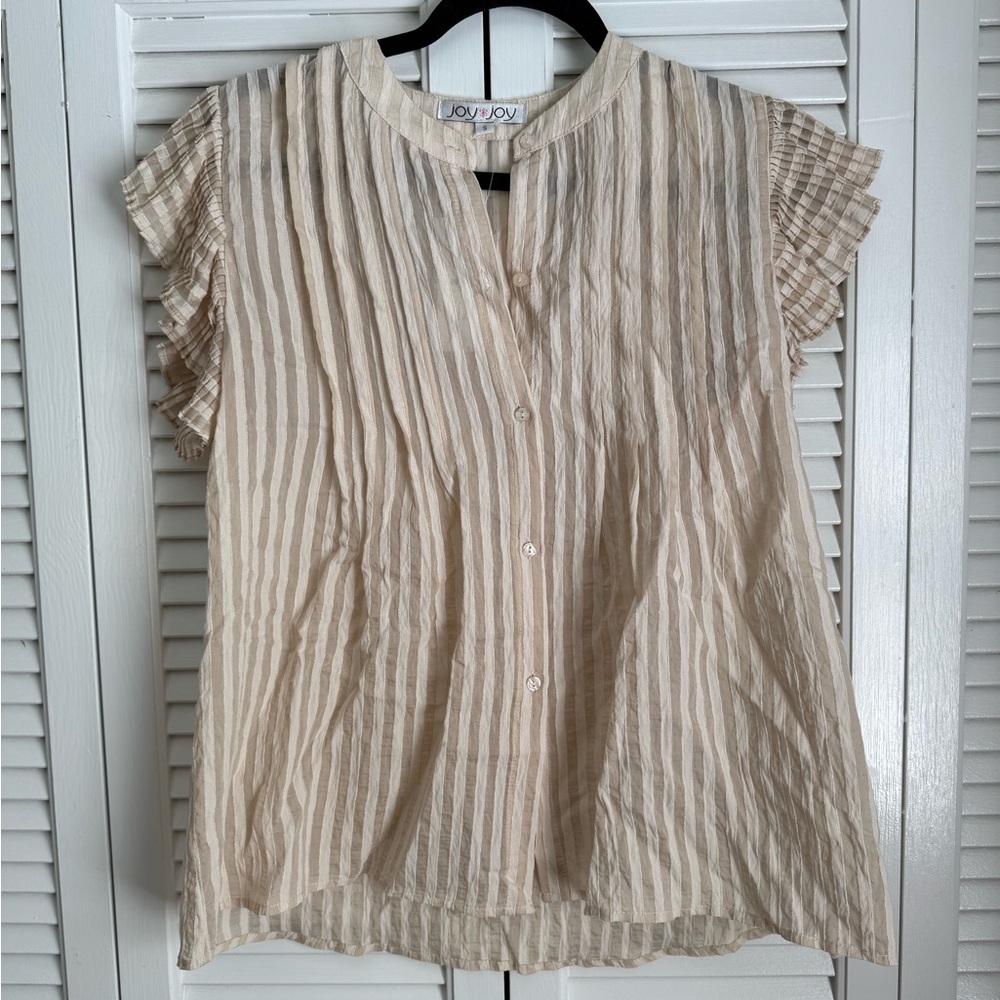 Joy Joy Beige Striped Ruffle Sleeve Blouse